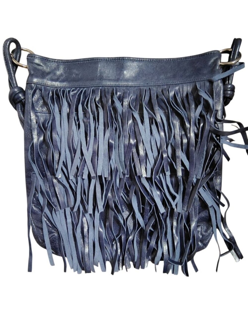 Doncaster Italy Blue Gray Leather Shoulder Bag, Purse, Fringe Boho Snap Close